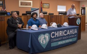 Dr Jonathan Melk with Mayor Mike Laws and Sierra Vista IDA Director Demetry Simonton announcing the new Chiricahua Willcox Family Health Center
